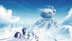 Size: 3840x2160 | Tagged: dead source, safe, artist:azenge, spike, twilight sparkle, dragon, pony, unicorn, g4, duo, high res, mountain, reddit, snoo, snow, unicorn twilight