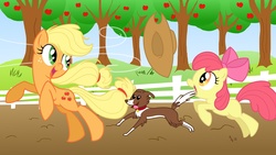 Size: 1920x1080 | Tagged: safe, artist:mjbedi, apple bloom, applejack, winona, dog, earth pony, pony, g4, female, filly, foal, mare