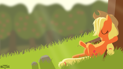 Size: 1920x1080 | Tagged: safe, artist:rangelost, applejack, earth pony, pony, g4, cowboy hat, female, grass, hat, lineless, mare, resting, solo, tree, wallpaper