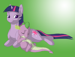 Size: 1356x1032 | Tagged: safe, artist:daninha-chan, spike, twilight sparkle, dragon, pony, unicorn, g4, baby, baby dragon, duo, female, green background, male, mare, simple background, sleeping