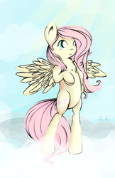Size: 636x979 | Tagged: safe, artist:renaifoxi, fluttershy, pegasus, pony, g4, bipedal, chest fluff, cloud, crepuscular rays, female, mare, on a cloud, smiling, solo, spread wings, three quarter view, wings
