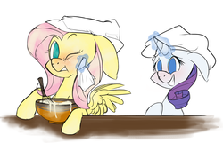 Size: 1360x878 | Tagged: safe, artist:batlover800, fluttershy, rarity, g4, chef's hat, cooking, hat