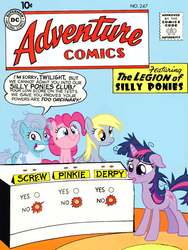Size: 514x684 | Tagged: safe, derpy hooves, pinkie pie, screw loose, twilight sparkle, earth pony, pegasus, pony, unicorn, g4, comic cover, female, legion of super-heroes, mare, parody, silly, silly pony, unicorn twilight