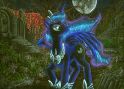 Size: 2000x1451 | Tagged: safe, artist:jedieldaniel, princess luna, pony, g4, female, moon, ruins, solo, traditional art