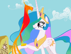 Size: 472x360 | Tagged: safe, edit, edited screencap, screencap, philomena, princess celestia, phoenix, a bird in the hoof, g4, egyptian, ra celestia