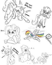 Size: 1040x1280 | Tagged: safe, artist:bamboodog, apple bloom, applejack, lyra heartstrings, pinkie pie, princess luna, rainbow dash, oc, g4, angry, bipolar, card, kite, sketch