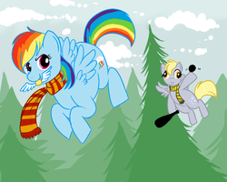 Size: 555x444 | Tagged: safe, artist:lulubell, derpy hooves, rainbow dash, pegasus, pony, g4, duo, female, harry potter (series), mare, parody