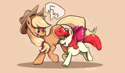 Size: 900x525 | Tagged: safe, artist:purplelemons, apple bloom, applejack, earth pony, pony, g4, female, filly, mare