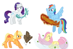 Size: 900x600 | Tagged: safe, artist:sparroesong, applejack, fluttershy, rainbow dash, rarity, earth pony, pegasus, pony, unicorn, g4, airbending, avatar the last airbender, bending, crossover, earthbending, female, firebending, horn, mare, planeeers, simple background, transparent background, waterbending