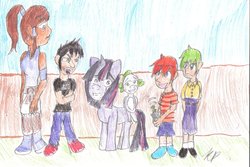 Size: 900x602 | Tagged: safe, artist:thesoulsongstress, spike, twilight sparkle, human, pony, g4, crappy art, crossover, dan, dan vs, korra, phineas and ferb, the legend of korra