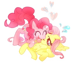Size: 1300x1116 | Tagged: safe, artist:memoneo, fluttershy, pinkie pie, earth pony, pegasus, pony, g4, duo, eyes closed, female, lesbian, mare, open mouth, pixiv, ship:flutterpie, shipping