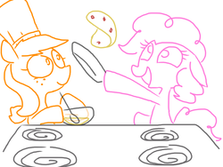 Size: 789x593 | Tagged: safe, artist:weaver, applejack, pinkie pie, earth pony, pony, g4, bacon, cooking, female, hat, mare, pancakes, ponies eating meat, simple background, white background