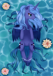 Size: 900x1300 | Tagged: safe, artist:pklove-chan, princess luna, pony, g4, female, flower, on back, solo, swimming, water