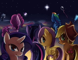 Size: 1280x989 | Tagged: safe, artist:negativefox, applejack, fluttershy, pinkie pie, rainbow dash, rarity, twilight sparkle, g4, mane six, night, stars