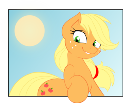 Size: 5000x4153 | Tagged: safe, artist:joey darkmeat, applejack, earth pony, pony, g4, absurd resolution, female, fourth wall, looking at you, mare, missing accessory, sky, solo, sun