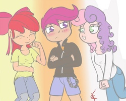 Size: 800x640 | Tagged: safe, artist:crade, apple bloom, scootaloo, sweetie belle, human, g4, blushing, cutie mark crusaders, humanized, teasing