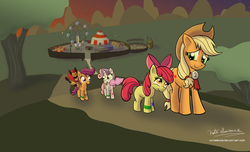 Size: 1980x1207 | Tagged: dead source, safe, artist:naterrang, apple bloom, applejack, manny roar, scootaloo, sweetie belle, manticore, g4, carnival, cotton candy, cutie mark crusaders, female, ferris wheel, food, plushie