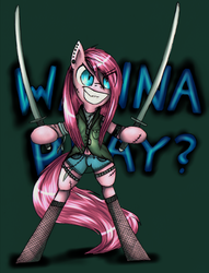 Size: 919x1200 | Tagged: safe, artist:kairaanix, pinkie pie, earth pony, pony, semi-anthro, g4, bipedal, clothes, duo, ear piercing, piercing, pinkamena diane pie, solo, sword