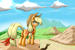 Size: 1200x800 | Tagged: safe, artist:reikomuffin, applejack, earth pony, pony, g4, butt, female, looking at you, mare, mountain, plot, solo