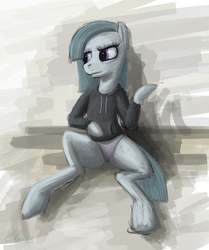 Size: 834x1000 | Tagged: safe, artist:luffsas, marble pie, earth pony, pony, g4, cigarette, clothes, duo, female, hoodie, mare, panties, solo, underwear