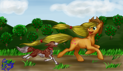 Size: 900x519 | Tagged: safe, artist:makomaragi, applejack, winona, g4