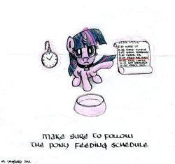 Size: 500x469 | Tagged: safe, artist:el-yeguero, twilight sparkle, pony, unicorn, g4, bowl, clock, collar, feeding, female, filly, filly twilight sparkle, glowing horn, horn, hungry, looking at you, magic, mare, pet, pet bowl, pettwi, pony pet, schedule, sitting, solo, telekinesis, twilight dog, unicorn twilight, younger