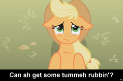 Size: 1024x672 | Tagged: safe, applejack, earth pony, pony, g4, bellyrubs, bronybait, caption, cs captions, female, floppy ears, mare, on back, solo