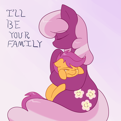 Size: 1500x1500 | Tagged: safe, artist:skoon, cheerilee, scootaloo, earth pony, pegasus, pony, g4, adopted offspring, adoption, crying, eyes closed, feels, female, hug, mare, parent:cheerilee, reference, sad, scootadoption, scootalove, scootasad, woobie