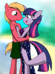 Size: 743x1000 | Tagged: safe, artist:sandwich-anomaly, big macintosh, twilight sparkle, earth pony, anthro, unguligrade anthro, g4, beach, breasts, clothes, female, male, one-piece swimsuit, partial nudity, sarong, ship:twimac, shipping, straight, swimsuit, topless