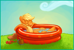 Size: 953x646 | Tagged: safe, artist:wizardwannabe, applejack, earth pony, pony, g4, cloud, cowboy hat, cute, eyes closed, featured image, female, freckles, hat, jackabetes, kiddie pool, loose hair, mare, mug, relaxing, smiling, solo, straw, swimming pool, water