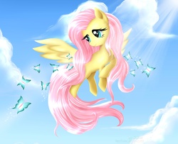 Size: 3298x2674 | Tagged: safe, artist:cubur, fluttershy, butterfly, pegasus, pony, g4, crepuscular rays, female, flying, high res, looking at something, sky, smiling, solo, spread wings, turned head, wings