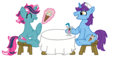 Size: 800x457 | Tagged: safe, artist:bb-k, artist:bb-kenobi, fizzy, oc, oc:chocolate bar, pony, unicorn, g1, g4, canon x oc, eyes closed, female, g1 to g4, generation leap, ice cream, ice cream cone, magic, male, mare, milkshake, shipping, simple background, stallion, straight, table, transparent background