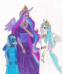 Size: 1535x1799 | Tagged: safe, artist:13foxywolf666, princess celestia, princess luna, oc, oc:queen leto, anthro, g4, mother, mother and daughter, simple background