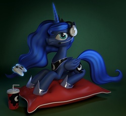 Size: 1080x1000 | Tagged: safe, artist:temporal333, princess luna, alicorn, pony, gamer luna, g4, 3d, controller, cup, drink, female, headphones, pillow, solo