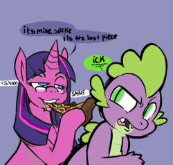 Size: 771x733 | Tagged: safe, artist:mangneto, spike, twilight sparkle, g4, bedroom eyes, food, glasses, lips, meat, pepperoni, pixel-crisp art, pizza, teeth