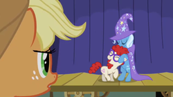 Size: 634x355 | Tagged: safe, artist:capnpea, edit, edited screencap, screencap, applejack, trixie, twist, pony, boast busters, g4, fimbriae, glasses