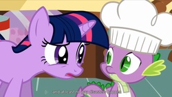 Size: 1344x756 | Tagged: safe, screencap, spike, twilight sparkle, a bird in the hoof, g4, youtube caption