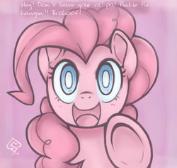 Size: 583x550 | Tagged: dead source, safe, artist:soulspade, part of a set, pinkie pie, earth pony, pony, g4, cute, diapinkes, female, fourth wall, hoofbump, pink, smiling, solo, text, underhoof