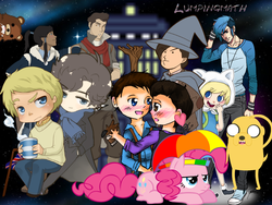 Size: 960x720 | Tagged: safe, artist:lumpingmath, pinkie pie, human, g4, adventure time, bbc sherlock, crossover, england, finn the human, hetalia, humanized, jake the dog, john watson, korra, mako, male, mordecai, pedobear, regular show, sherlock holmes, tardis, torchwood, wat, welcome to the internet