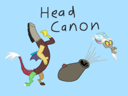 Size: 1024x768 | Tagged: artist needed, source needed, safe, discord, g4, blue background, cannon, canon, chaos, detachable head, disembodied head, headcannon, headcanon, headless, male, modular, pun, simple background, solo