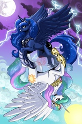 Size: 600x901 | Tagged: safe, artist:kaijusamurai, princess celestia, princess luna, g4, contrast, duo, lightning, moon, sisters