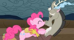 Size: 600x329 | Tagged: safe, discord, pinkie pie, g4, female, kissing, male, ship:discopie, shipping, straight