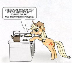 Size: 500x436 | Tagged: safe, artist:el-yeguero, applejack, earth pony, pony, g4, collar, cooking, egg (food), female, food, mare, pet, pet play, stove