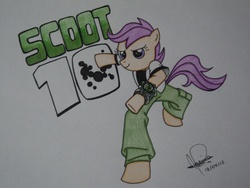 Size: 3264x2448 | Tagged: safe, artist:mariwii, scootaloo, semi-anthro, g4, ben 10, crossover, high res, parody, solo, traditional art