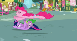 Size: 849x461 | Tagged: safe, screencap, pinkie pie, spike, twilight sparkle, dragon, earth pony, pony, unicorn, g4, female, lying down, male, mare, on back