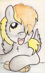 Size: 734x1173 | Tagged: safe, artist:slightlyshade, derpy hooves, pegasus, pony, g4, female, mare, pancakes, solo, traditional art