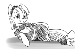 Size: 1024x676 | Tagged: safe, artist:nasse, oc, oc only, clothes, fishnet stockings, maid