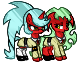 Size: 633x512 | Tagged: safe, artist:nekozneko, demon, demon pony, earth pony, pony, unicorn, daemon kneesocks, daemon scanty, panty and stocking with garterbelt, ponified