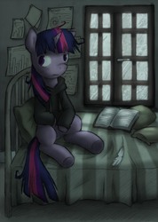 Size: 2473x3469 | Tagged: safe, artist:lonelycross, twilight sparkle, pony, unicorn, g4, bed, bedroom, book, clothes, female, high res, hoodie, nine inch nails, quill, sitting, solo, sweater, tired