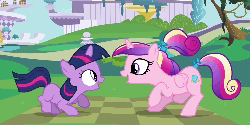 Size: 1000x500 | Tagged: safe, screencap, princess cadance, twilight sparkle, pony, a canterlot wedding, g4, season 2, animated, cute, cutedance, eye contact, female, filly, gif, jumping, perfect loop, prancing, smiling, sunshine sunshine, talking, teen princess cadance, twiabetes, younger